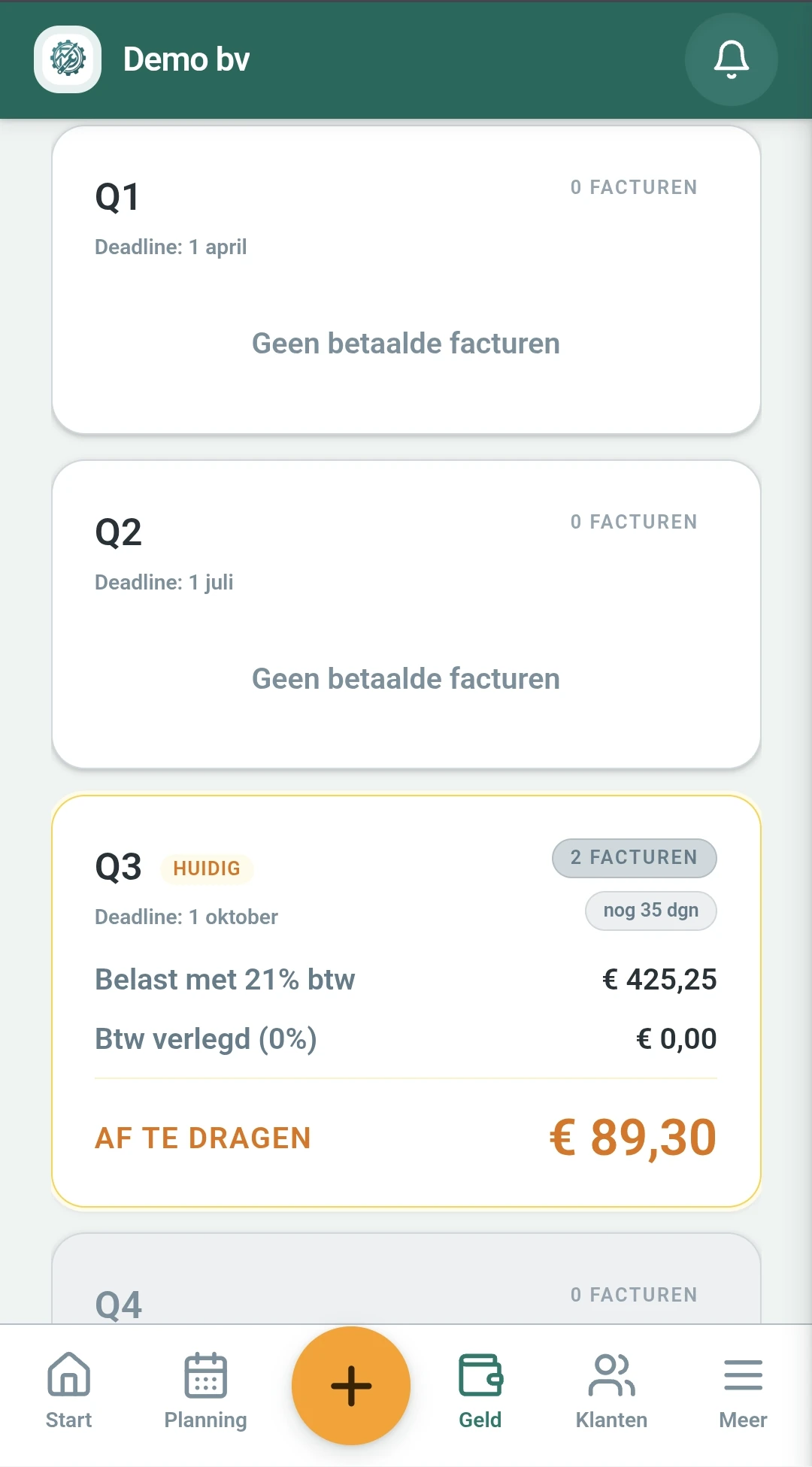 Het btw-scherm met per kwartaal de af te dragen btw, gesplitst naar particulier en zakelijk.
