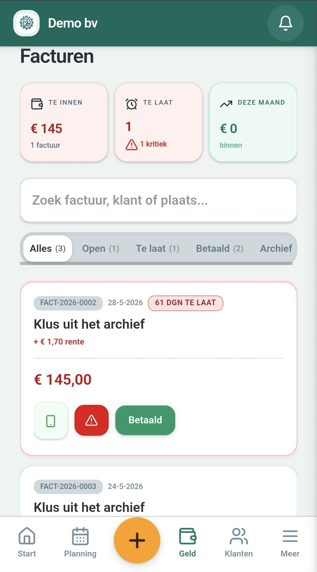Het facturenoverzicht, waarin per factuur staat of hij betaald, open of te laat is.