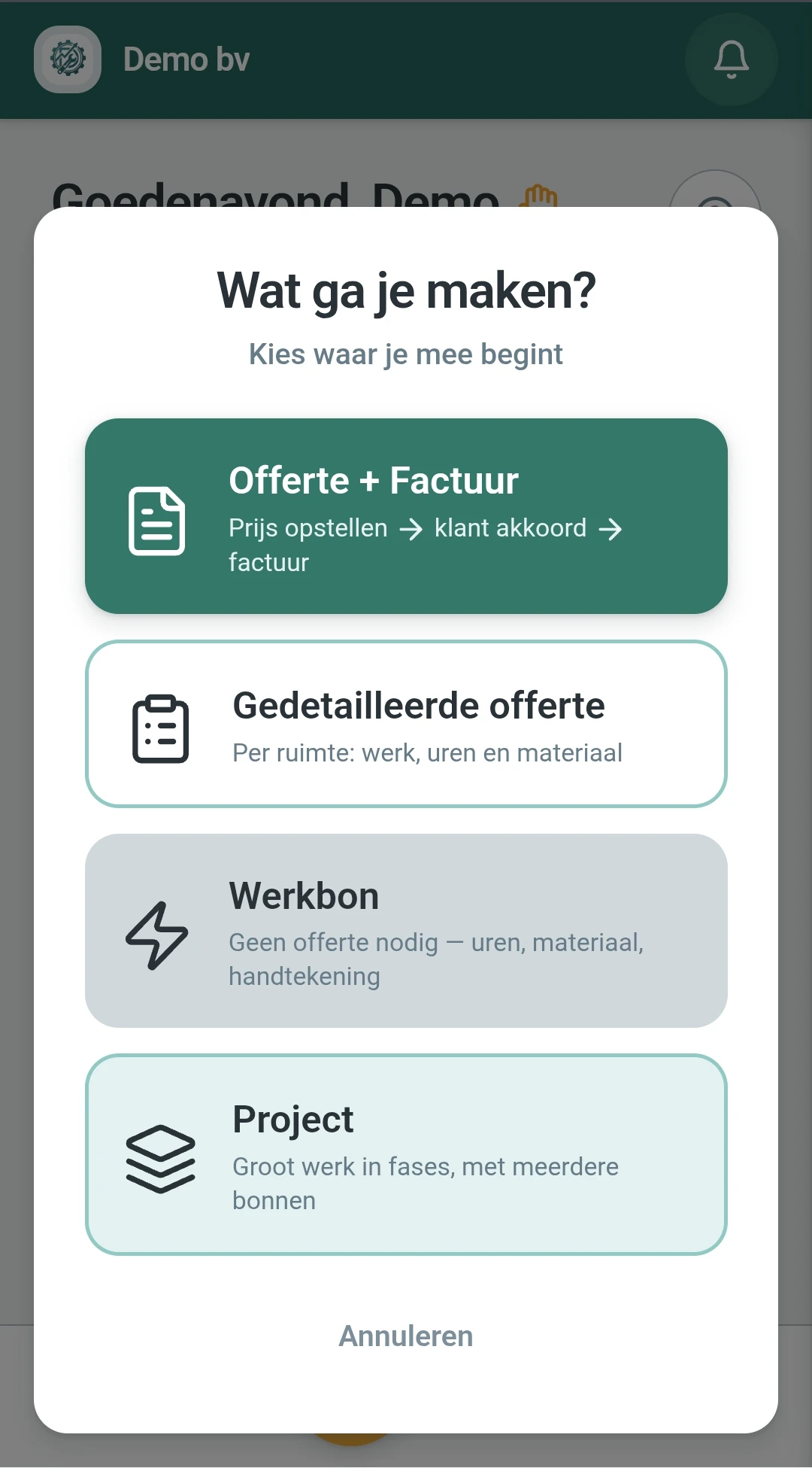 Het keuzescherm na de plusknop, met de vier manieren om een nieuwe klus te beginnen.